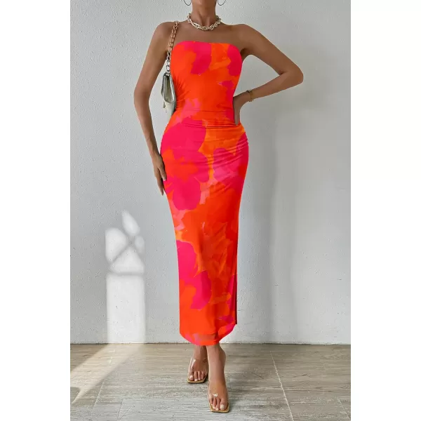 PRETTYGARDEN Womens Summer Maxi Bodycon Dresses Strapless Tube Top Printed Long Party Club Slit DressOrange Red Big Floral