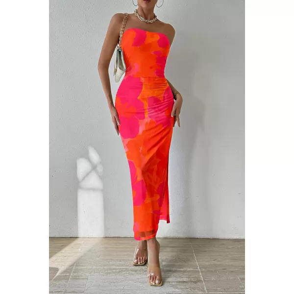 PRETTYGARDEN Womens Summer Maxi Bodycon Dresses Strapless Tube Top Printed Long Party Club Slit DressOrange Red Big Floral
