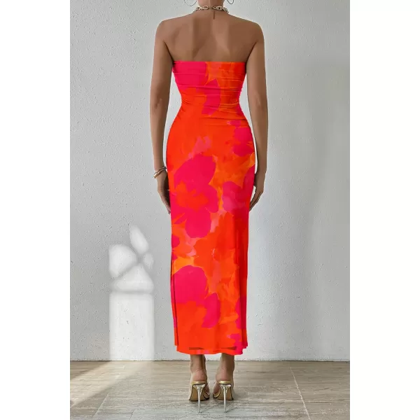 PRETTYGARDEN Womens Summer Maxi Bodycon Dresses Strapless Tube Top Printed Long Party Club Slit DressOrange Red Big Floral