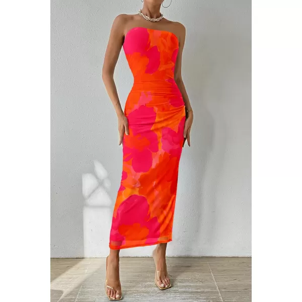 PRETTYGARDEN Womens Summer Maxi Bodycon Dresses Strapless Tube Top Printed Long Party Club Slit DressOrange Red Big Floral