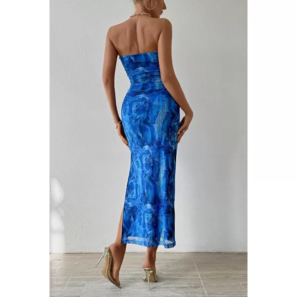 PRETTYGARDEN Womens Summer Maxi Bodycon Dresses Strapless Tube Top Printed Long Party Club Slit DressPrint Brilliant Blue