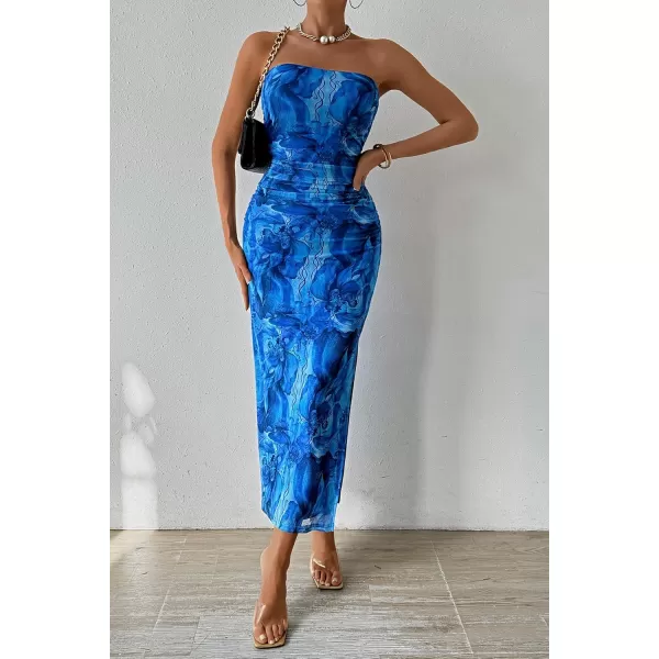 PRETTYGARDEN Womens Summer Maxi Bodycon Dresses Strapless Tube Top Printed Long Party Club Slit DressPrint Brilliant Blue