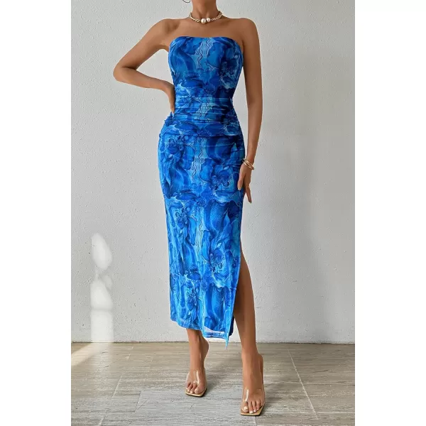 PRETTYGARDEN Womens Summer Maxi Bodycon Dresses Strapless Tube Top Printed Long Party Club Slit DressPrint Brilliant Blue