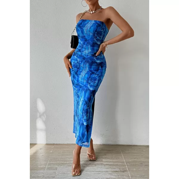 PRETTYGARDEN Womens Summer Maxi Bodycon Dresses Strapless Tube Top Printed Long Party Club Slit DressPrint Brilliant Blue