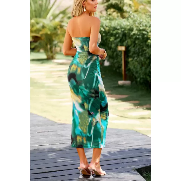 PRETTYGARDEN Womens Summer Maxi Bodycon Dresses Strapless Tube Top Printed Long Party Club Slit DressPrint Green