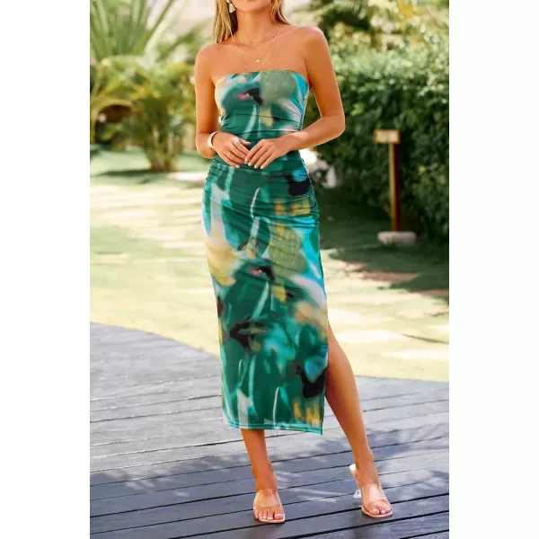 PRETTYGARDEN Womens Summer Maxi Bodycon Dresses Strapless Tube Top Printed Long Party Club Slit DressPrint Green
