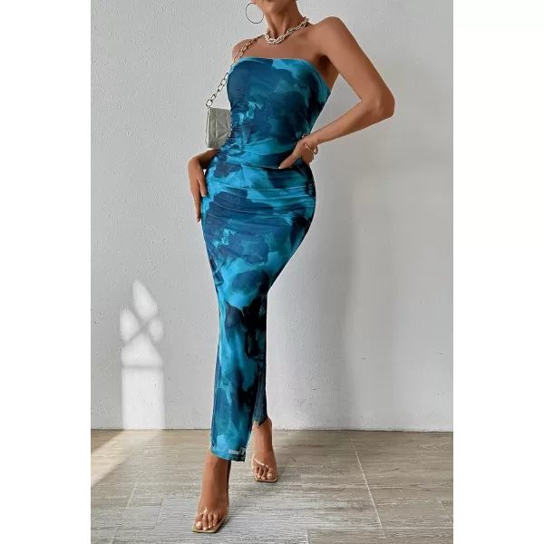 PRETTYGARDEN Womens Summer Maxi Bodycon Dresses Strapless Tube Top Printed Long Party Club Slit DressPrint Lake Blue