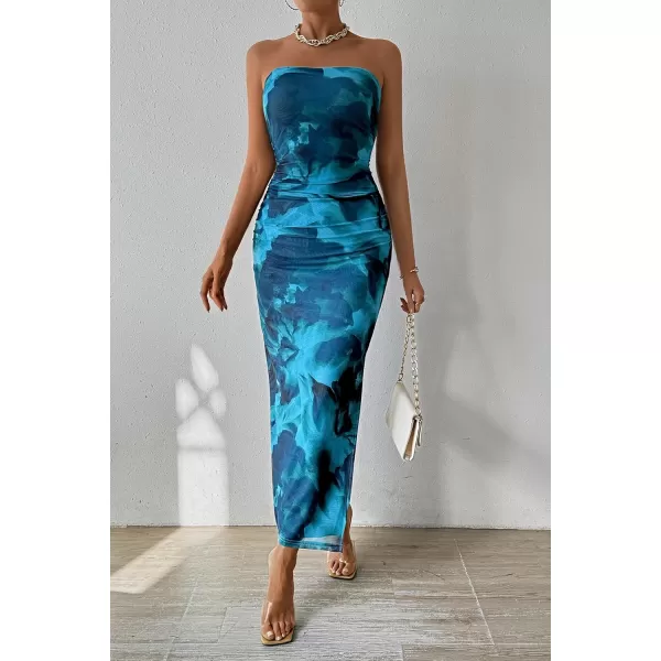PRETTYGARDEN Womens Summer Maxi Bodycon Dresses Strapless Tube Top Printed Long Party Club Slit DressPrint Lake Blue