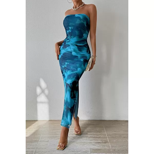 PRETTYGARDEN Womens Summer Maxi Bodycon Dresses Strapless Tube Top Printed Long Party Club Slit DressPrint Lake Blue