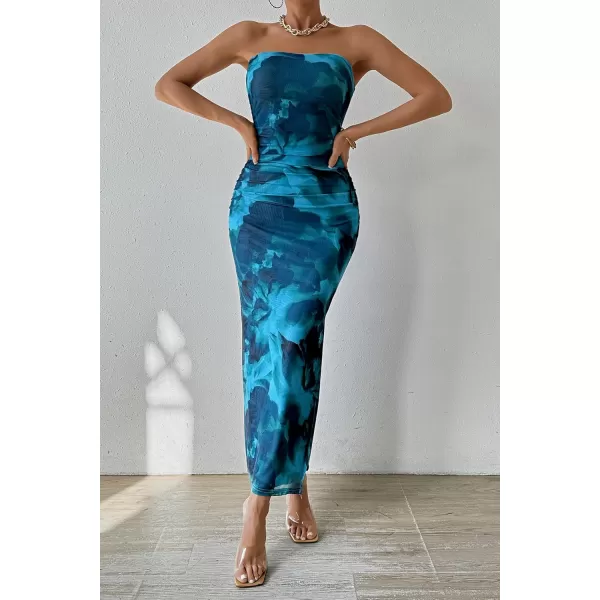 PRETTYGARDEN Womens Summer Maxi Bodycon Dresses Strapless Tube Top Printed Long Party Club Slit DressPrint Lake Blue