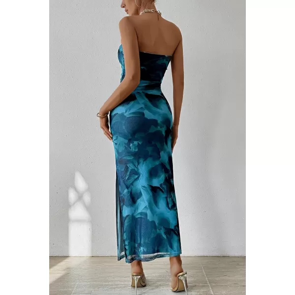 PRETTYGARDEN Womens Summer Maxi Bodycon Dresses Strapless Tube Top Printed Long Party Club Slit DressPrint Lake Blue