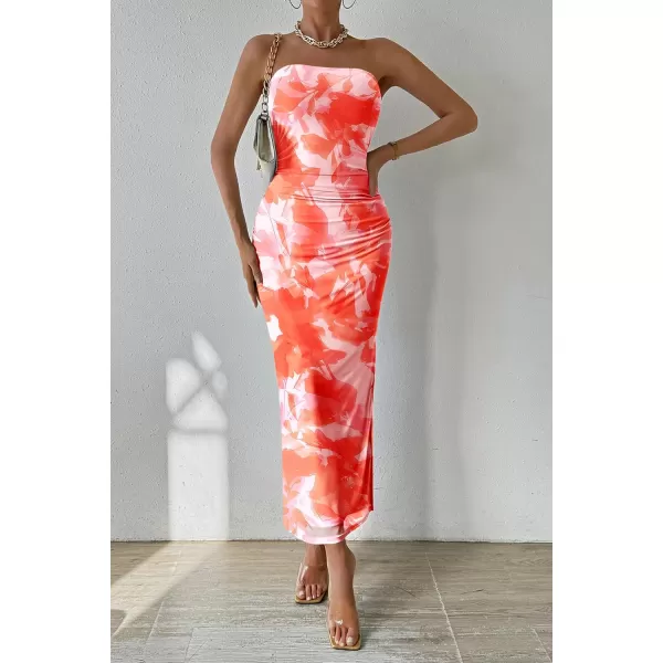 PRETTYGARDEN Womens Summer Maxi Bodycon Dresses Strapless Tube Top Printed Long Party Club Slit DressPrint Light Orange