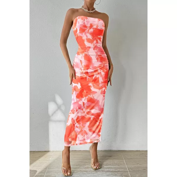PRETTYGARDEN Womens Summer Maxi Bodycon Dresses Strapless Tube Top Printed Long Party Club Slit DressPrint Light Orange