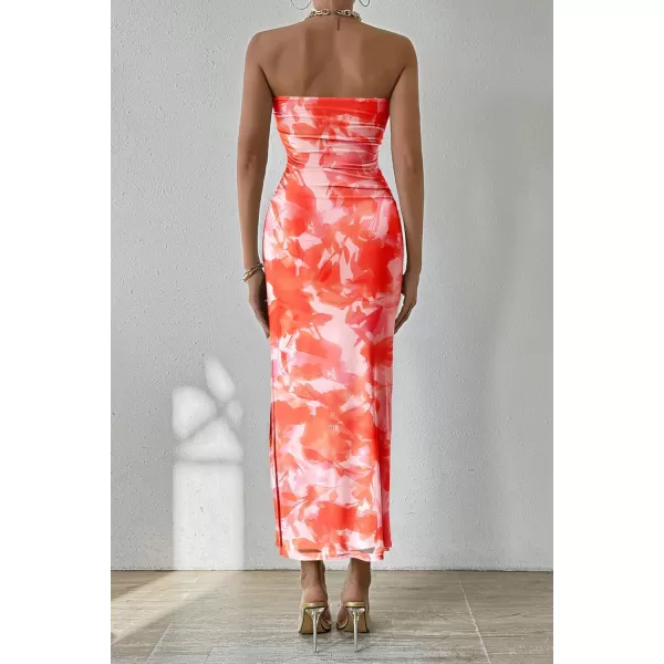 PRETTYGARDEN Womens Summer Maxi Bodycon Dresses Strapless Tube Top Printed Long Party Club Slit DressPrint Light Orange
