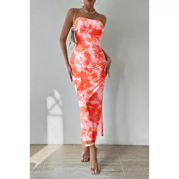 PRETTYGARDEN Womens Summer Maxi Bodycon Dresses Strapless Tube Top Printed Long Party Club Slit DressPrint Light Orange
