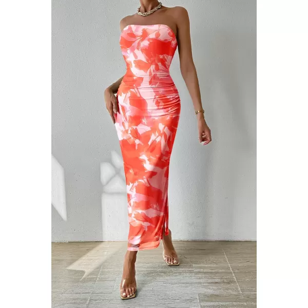 PRETTYGARDEN Womens Summer Maxi Bodycon Dresses Strapless Tube Top Printed Long Party Club Slit DressPrint Light Orange