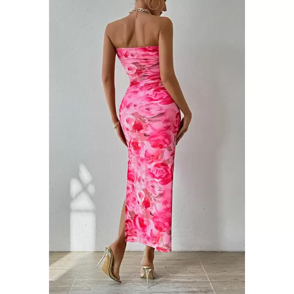 PRETTYGARDEN Womens Summer Maxi Bodycon Dresses Strapless Tube Top Printed Long Party Club Slit DressPrint Pink