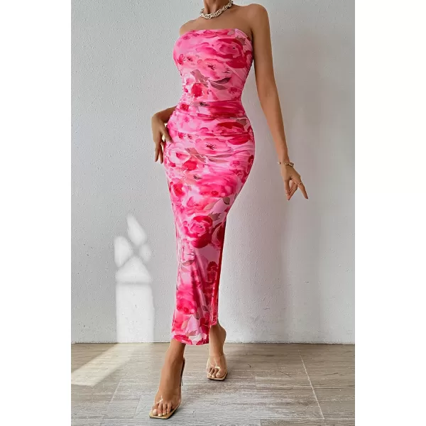 PRETTYGARDEN Womens Summer Maxi Bodycon Dresses Strapless Tube Top Printed Long Party Club Slit DressPrint Pink