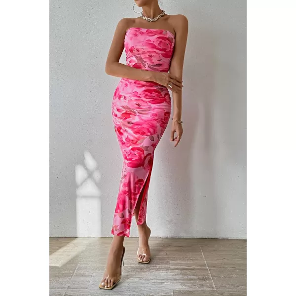 PRETTYGARDEN Womens Summer Maxi Bodycon Dresses Strapless Tube Top Printed Long Party Club Slit DressPrint Pink