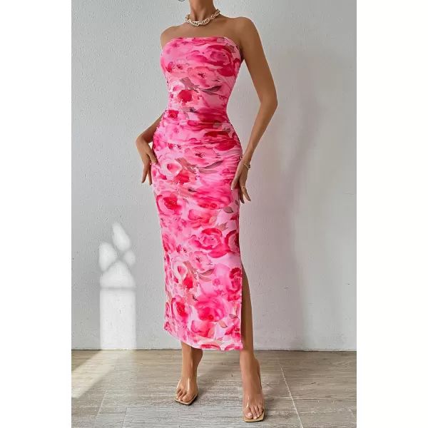 PRETTYGARDEN Womens Summer Maxi Bodycon Dresses Strapless Tube Top Printed Long Party Club Slit DressPrint Pink
