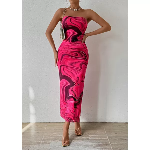 PRETTYGARDEN Womens Summer Maxi Bodycon Dresses Strapless Tube Top Printed Long Party Club Slit DressPrint Rose Red