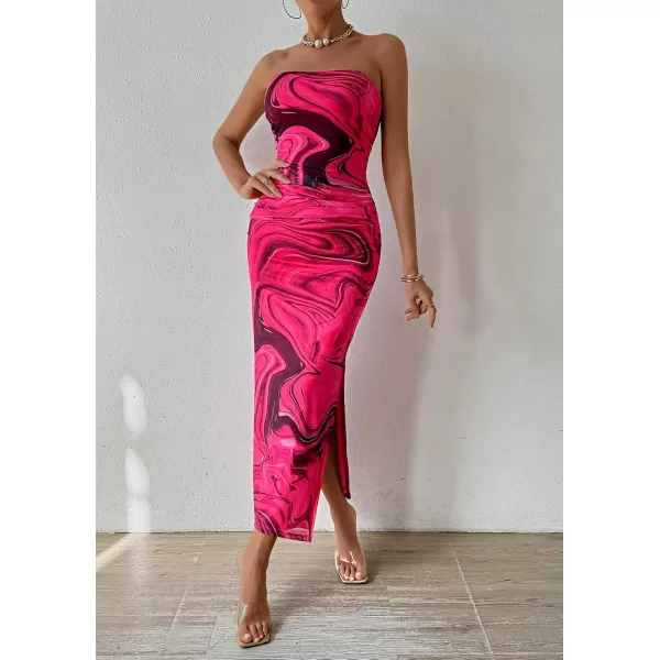 PRETTYGARDEN Womens Summer Maxi Bodycon Dresses Strapless Tube Top Printed Long Party Club Slit DressPrint Rose Red