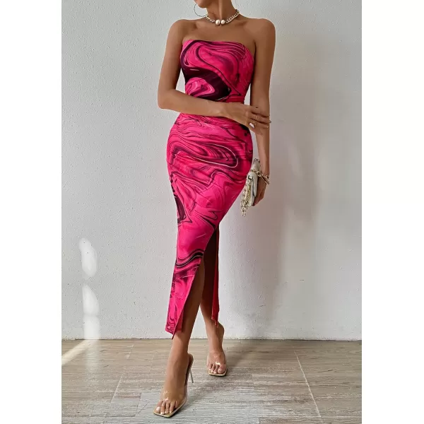 PRETTYGARDEN Womens Summer Maxi Bodycon Dresses Strapless Tube Top Printed Long Party Club Slit DressPrint Rose Red