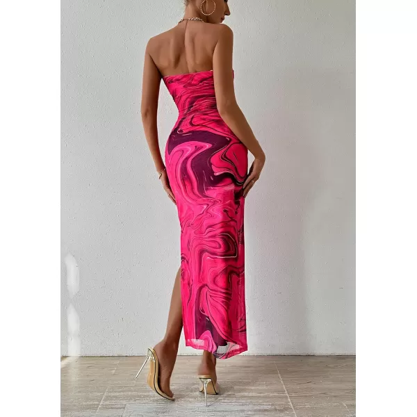 PRETTYGARDEN Womens Summer Maxi Bodycon Dresses Strapless Tube Top Printed Long Party Club Slit DressPrint Rose Red