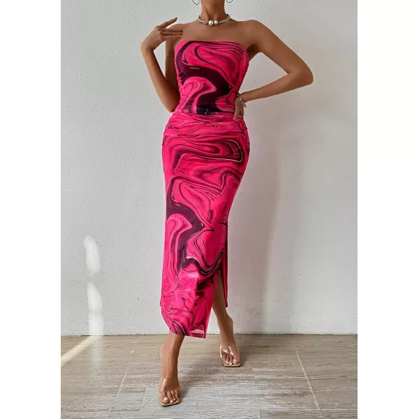 PRETTYGARDEN Womens Summer Maxi Bodycon Dresses Strapless Tube Top Printed Long Party Club Slit DressPrint Rose Red