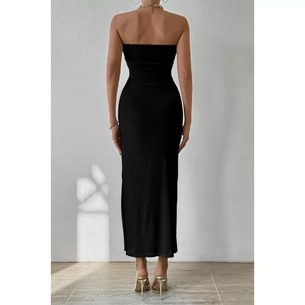 PRETTYGARDEN Womens Summer Maxi Bodycon Dresses Strapless Tube Top Printed Long Party Club Slit DressSolid Black