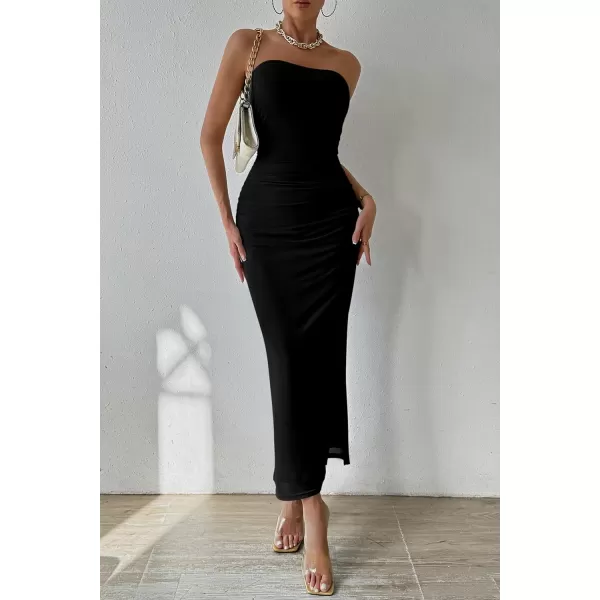 PRETTYGARDEN Womens Summer Maxi Bodycon Dresses Strapless Tube Top Printed Long Party Club Slit DressSolid Black