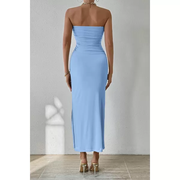 PRETTYGARDEN Womens Summer Maxi Bodycon Dresses Strapless Tube Top Printed Long Party Club Slit DressSolid Light Blue
