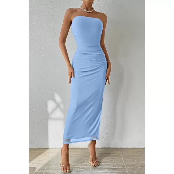 PRETTYGARDEN Womens Summer Maxi Bodycon Dresses Strapless Tube Top Printed Long Party Club Slit DressSolid Light Blue