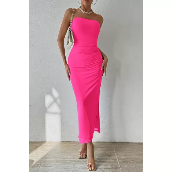 PRETTYGARDEN Womens Summer Maxi Bodycon Dresses Strapless Tube Top Printed Long Party Club Slit DressSolid Rose Red