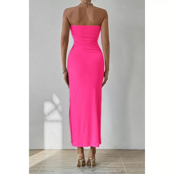 PRETTYGARDEN Womens Summer Maxi Bodycon Dresses Strapless Tube Top Printed Long Party Club Slit DressSolid Rose Red