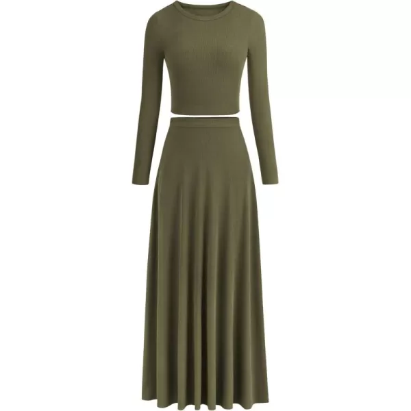 PRETTYGARDEN Womens 2 Piece Outfits Dressy Casual Ribbed Knit Long Sleeve Crop Tops Maxi Flowy Skirts Matching SetsArmy Green