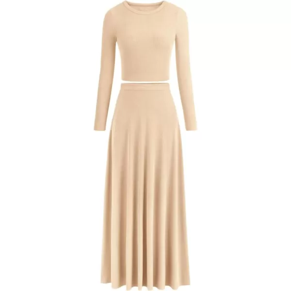 PRETTYGARDEN Womens 2 Piece Outfits Dressy Casual Ribbed Knit Long Sleeve Crop Tops Maxi Flowy Skirts Matching SetsBeige