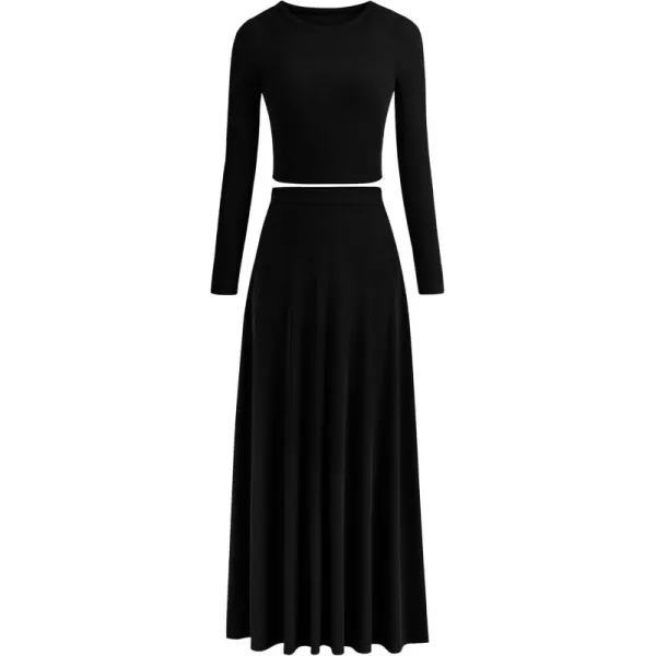PRETTYGARDEN Womens 2 Piece Outfits Dressy Casual Ribbed Knit Long Sleeve Crop Tops Maxi Flowy Skirts Matching SetsBlack