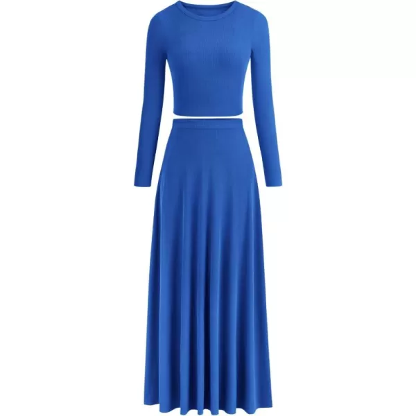 PRETTYGARDEN Womens 2 Piece Outfits Dressy Casual Ribbed Knit Long Sleeve Crop Tops Maxi Flowy Skirts Matching SetsBlue