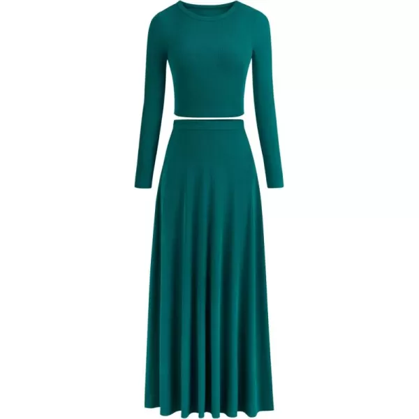 PRETTYGARDEN Womens 2 Piece Outfits Dressy Casual Ribbed Knit Long Sleeve Crop Tops Maxi Flowy Skirts Matching SetsBlue Green