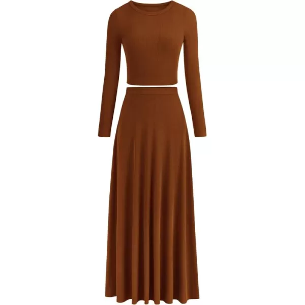 PRETTYGARDEN Womens 2 Piece Outfits Dressy Casual Ribbed Knit Long Sleeve Crop Tops Maxi Flowy Skirts Matching SetsBrown