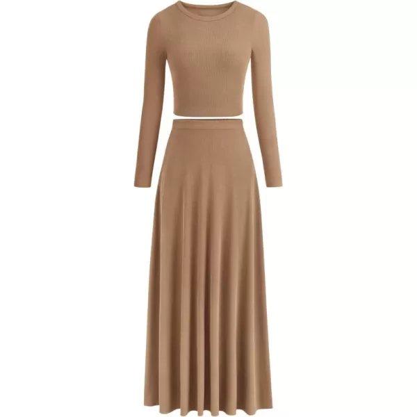 PRETTYGARDEN Womens 2 Piece Outfits Dressy Casual Ribbed Knit Long Sleeve Crop Tops Maxi Flowy Skirts Matching SetsCamel