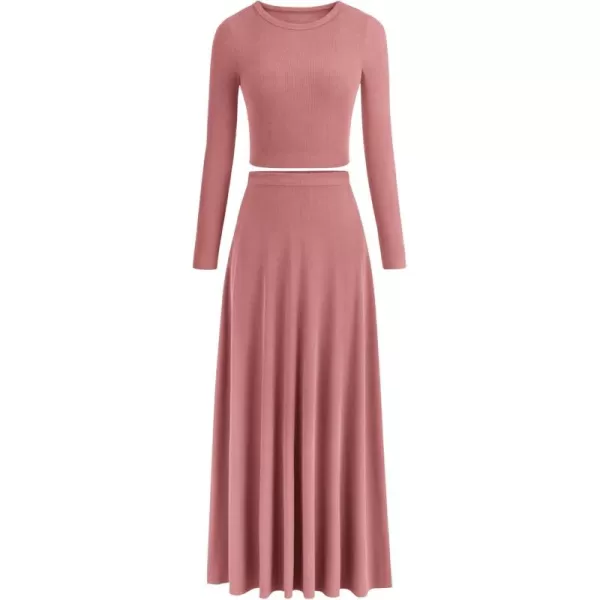 PRETTYGARDEN Womens 2 Piece Outfits Dressy Casual Ribbed Knit Long Sleeve Crop Tops Maxi Flowy Skirts Matching SetsDusty Pink