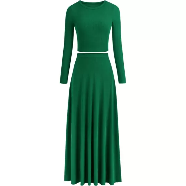 PRETTYGARDEN Womens 2 Piece Outfits Dressy Casual Ribbed Knit Long Sleeve Crop Tops Maxi Flowy Skirts Matching SetsGreen