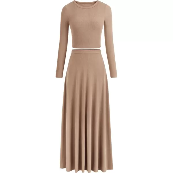 PRETTYGARDEN Womens 2 Piece Outfits Dressy Casual Ribbed Knit Long Sleeve Crop Tops Maxi Flowy Skirts Matching SetsKhaki