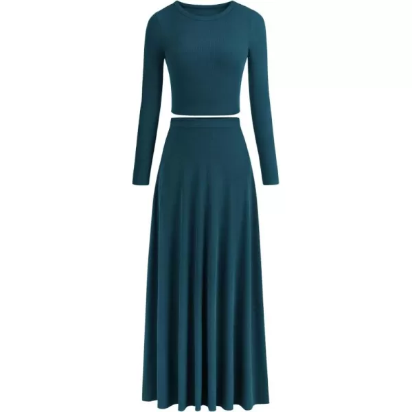 PRETTYGARDEN Womens 2 Piece Outfits Dressy Casual Ribbed Knit Long Sleeve Crop Tops Maxi Flowy Skirts Matching SetsLake Blue