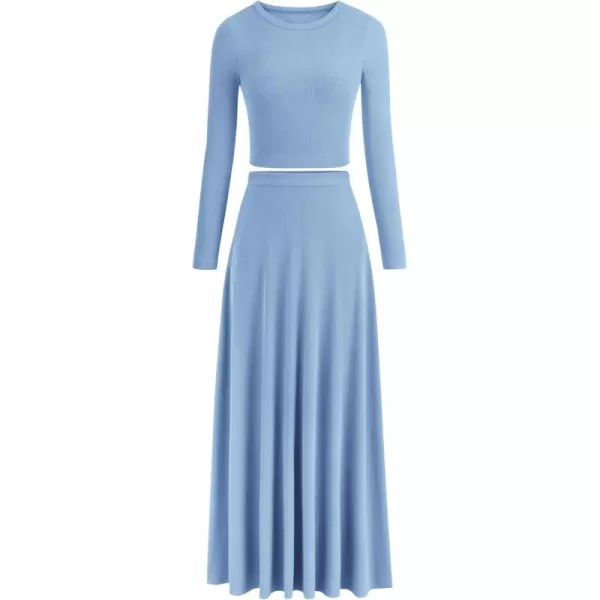 PRETTYGARDEN Womens 2 Piece Outfits Dressy Casual Ribbed Knit Long Sleeve Crop Tops Maxi Flowy Skirts Matching SetsLight Blue
