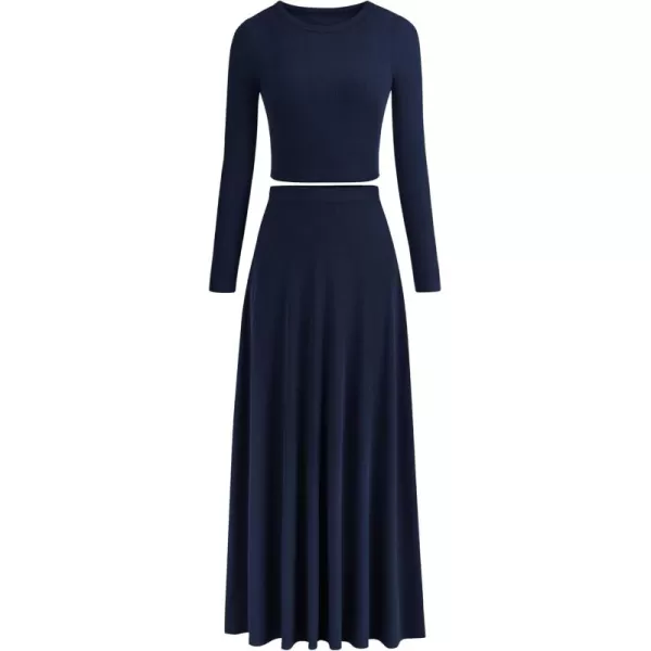PRETTYGARDEN Womens 2 Piece Outfits Dressy Casual Ribbed Knit Long Sleeve Crop Tops Maxi Flowy Skirts Matching SetsNavy