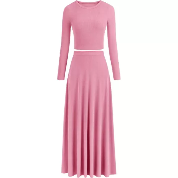 PRETTYGARDEN Womens 2 Piece Outfits Dressy Casual Ribbed Knit Long Sleeve Crop Tops Maxi Flowy Skirts Matching SetsPink