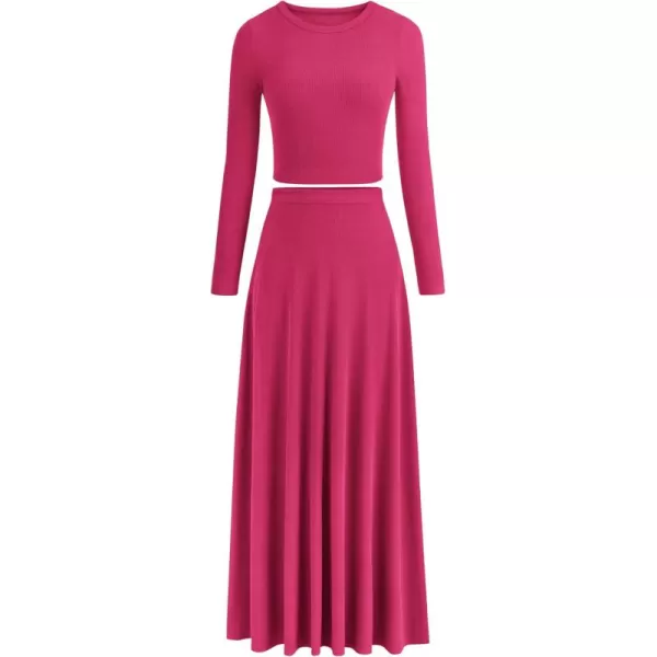 PRETTYGARDEN Womens 2 Piece Outfits Dressy Casual Ribbed Knit Long Sleeve Crop Tops Maxi Flowy Skirts Matching SetsRose Red
